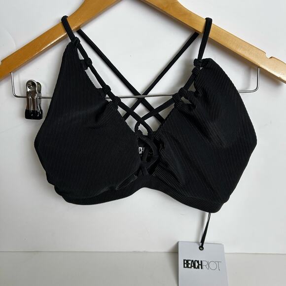 Beach Riot Black Ribbed Front Corset Lace Up Bikini Top NWT - Picture 1 of 5